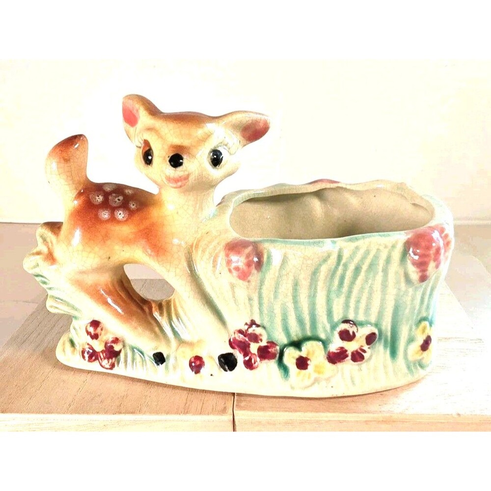 Vintage Stafford 1950 Ceramic Deer Planter Fawn MCM Pot Vase Figurine
